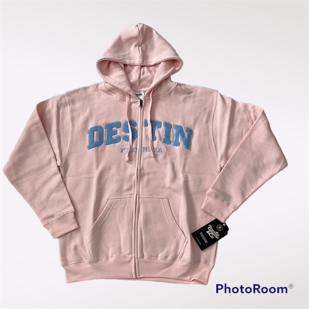 Pacific & Co. Hoodie Unisex full zip Destin Florida in Heather Soft Pink small
